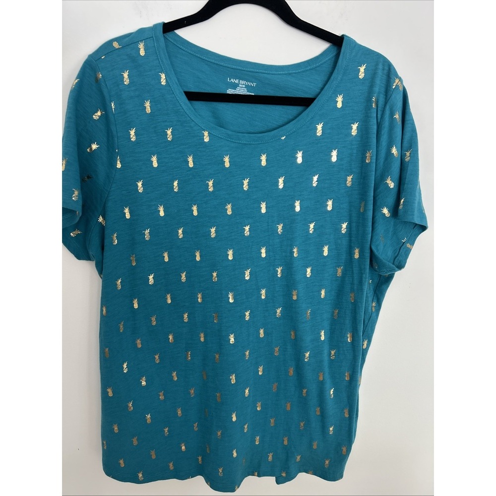 Lane Bryant 18/20‎ Women's Teal Gold Pineapple Short Sleeve Shirt Cotton